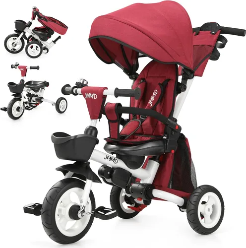Miniatura 11 de JMMD Cochecito de triciclo 8 en 1 con asa de empuje, triciclo plegable con asiento giratorio de 360°, respaldo reclinable, ruedas todo terreno, Azul