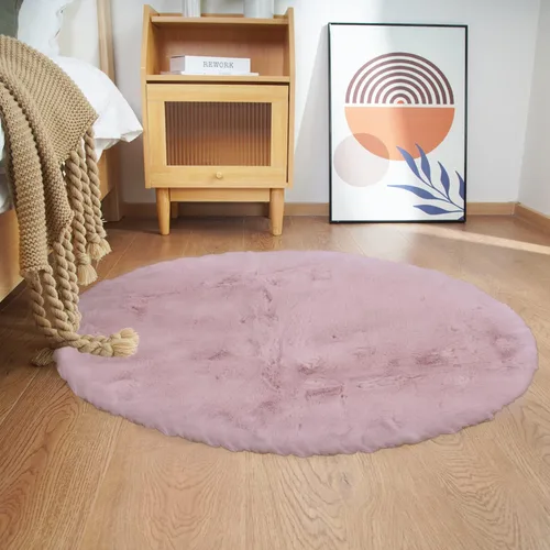 Ghouse Alfombra redonda de piel de conejo sintética de 4 pies, alfombra redonda rosa para decoración de dormitorio, alfombras esponjosas para sala