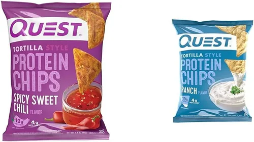 Quest Nutrition Tortilla Chip Spicy Sweet Chili, 1.1 onzas (paquete de 12) y chips de proteína estilo tortilla, ranch, horneado, 0.67 oz de