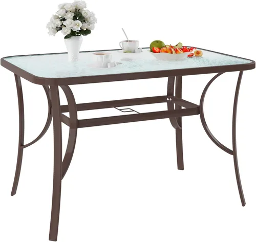 Miniatura 9 de soges Mesa de café bistró de 47 pulgadas para patio al aire libre, mesa de comedor rectangular con marco de acero templado con agujero