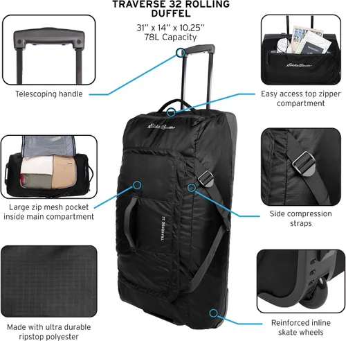 Miniatura 7 de Eddie Bauer Traverse 32 Rolling Duffel Bag-Made from Ripstop Polyester with Telescoping Handle