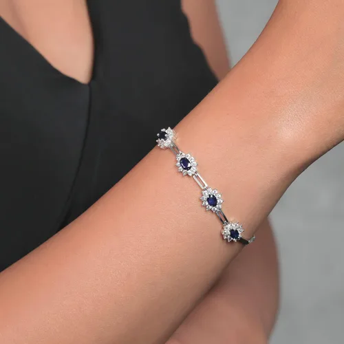 Miniatura 3 de Gem Stone King Pulsera de tenis de plata de ley 925 con zafiro simulado para mujer (2.36 quilates, 7 pulgadas con extensor de 1 pulgada), Metal