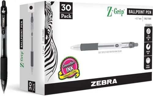 Zebra Pen Z-Grip - Bolígrafo retráctil de punta fina, 0.7mm, tinta negra, paquete de 30 unidades Negro D