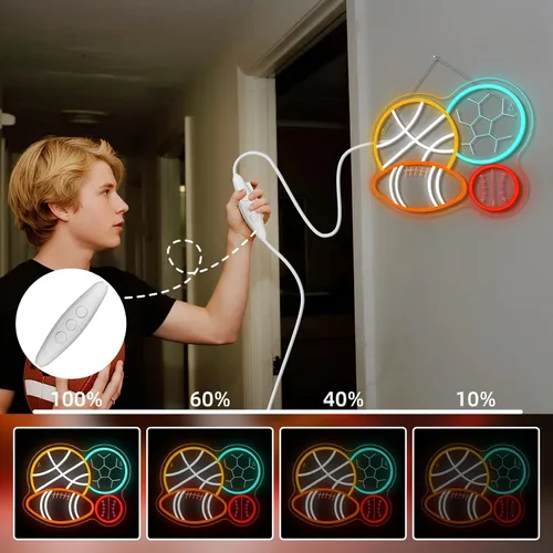 Miniatura 2 de NOSUN Letrero de neón con combinación deportiva de 4 bolas para dormitorio de niño, hombre, cueva, fútbol, fútbol, baloncesto, béisbol, luz de neón