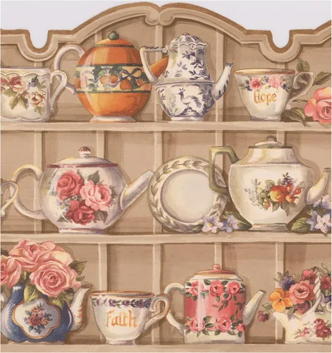 Armarios de cocina beige con platos tazas flores hervidor de papel tapiz ancho borde diseño vintage, rollo 15' x 9.75''