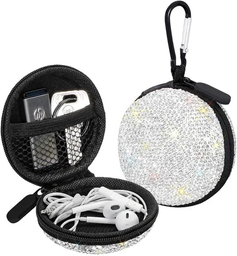 Miniatura 12 de SAVORI Estuche para auriculares pequeños con diamantes de imitación de cristal portátil, organizador de auriculares, bolsa de almacenamiento con Rosa