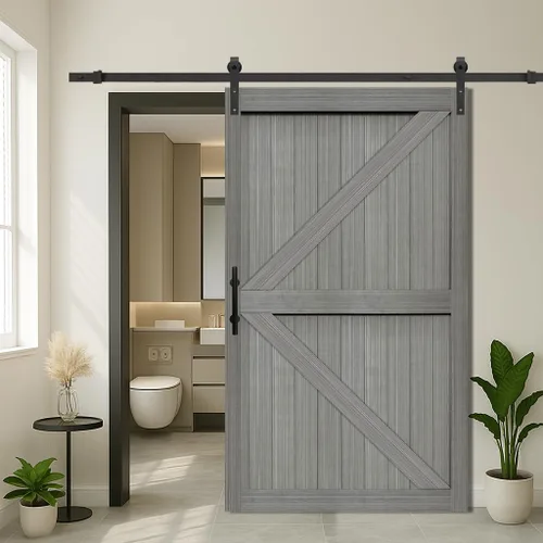 Miniatura 16 de S&Z TOPHAND® Puerta de granero doble de MDF de 18 x 84 pulgadas con kit de herrajes para puerta corredera de 6 pies, tablero sólido de puerta