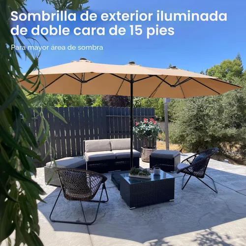 Miniatura 8 de PHI VILLA Sombrilla de patio grande de 15 pies con base y luces solares, paraguas rectangular de doble cara para exteriores con 36 luces LED, Beige
