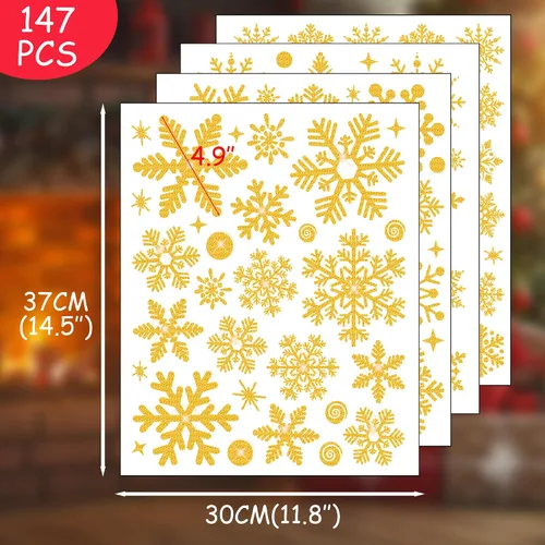Miniatura 2 de Adhesivos de Copos de Nieve Dorados con Purpurina para Ventanas 147 PCS Copos de Nieve Brillantes para Ventanas Decoraciones de Paraíso Invernal Oro