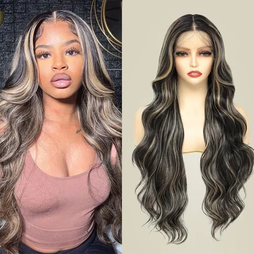 Miniatura 10 de Pelucas de encaje frontal rubias de 30 pulgadas X-TRESS con onda corporal, prediseñadas, peluca frontal de encaje sintético con raíces oscuras