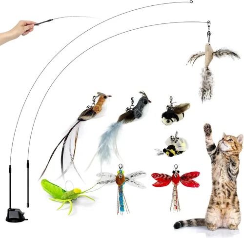 Miniatura 8 de TTcat Juguetes de varita para gatos con ventosa, juego interactivo de simulación de pájaro para gatos, juguetes para gatos, alambre de acero