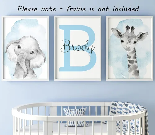 Miniatura 7 de Animales de safari personalizados para habitación de bebé, niño, niña, cuarto de bebé, juego de 3 impresiones sin marco, nombre personalizado, gris