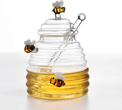 Miniatura 7 de PHEZEN Tarros de miel con tapa y tapa con tapa y tarro grande de vidrio con estatua de abeja, recipientes de miel, dispensador de miel de vidrio