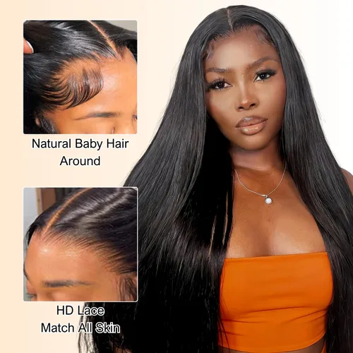 Miniatura 2 de AAKJJ Pelucas de cabello humano con encaje frontal, densidad del 200%, peluca lacia prearrancada, suave, color natural, 13x4, peluca frontal
