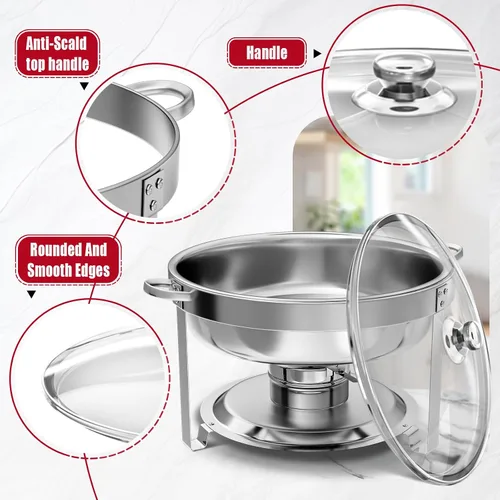 Miniatura 3 de IMACONE Juego de Bandejas Calentadoras de Buffet 4 Piezas, 5QT Redondas de Acero Inoxidable con Tapa de Vidrio para Catering, Conjuntos