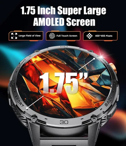 Miniatura 2 de LIGE Reloj inteligente militar para hombre, 730 mAh/1.75 pulgadas, pantalla táctil HD AMOLED, con linterna LED para Android iOS, rastreador