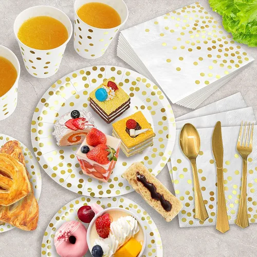 Miniatura 4 de AIRE 175 piezas de suministros de fiesta blanco y dorado, juego de vajilla desechable resistente que sirve para 25, platos de papel, tenedores