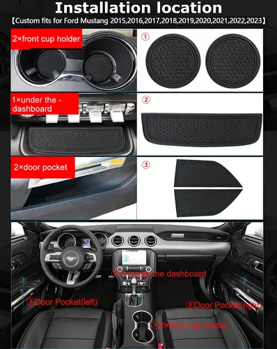 Miniatura 5 de Auprite Alfombrillas Antideslizantes para Accesorios de Mustang 2015-2023, Se Ajustan Perfectamente Alfombrillas para Portavasos Alfombrillas