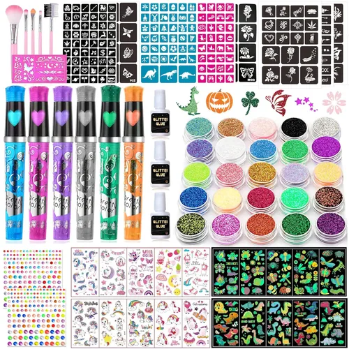 TEUVO Kit de tatuaje con purpurina para niños con 25 colores, 225 plantillas, 6 bolígrafos, 2 hojas de diamantes de imitación, 5 pinceles, 3