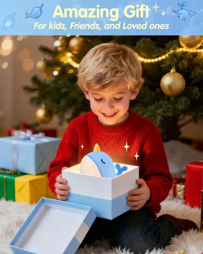 Miniatura 5 de Fuloon Narwhal - Luz nocturna con forma de ballena, lámpara de silicona blanda para niños, control táctil seguro y relajante para niños y bebés