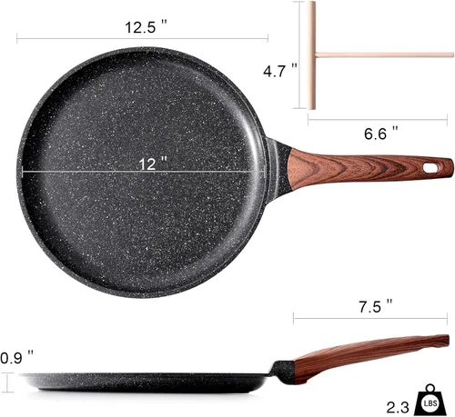 Miniatura 6 de Kordisen - Sartén antiadherente para crepas de 12 pulgadas con esparcidor, revestimiento de granito para tortillas y panqueques, fondo plano