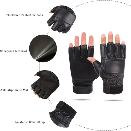 Miniatura 4 de Long Keeper Guantes de cuero genuino sin dedos para hombre, medio dedo, conducción, ciclismo, motocicleta, deportes al aire libre, Negro