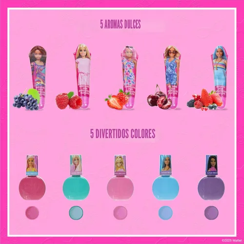 Miniatura 3 de Set de maquillaje cosmético Barbie para niñas con brillo de labios súper brillante, esmalte de uñas y pegatinas para uñas 11 piezas, perfecto