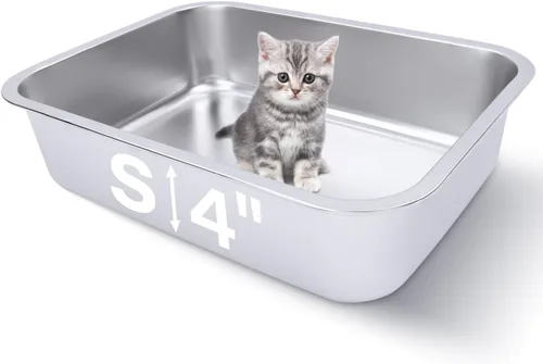 Pequeña caja de arena de acero inoxidable para gatitos, 15.5 x 11.6 x 4 pulgadas, caja de arena de metal para gatitos, a prueba de óxido,