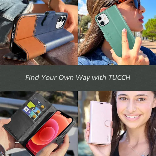 Miniatura 9 de TUCCH Funda tipo cartera, iPhone 12 Pro/12 5G, azul lago, carcasa interior de TPU a prueba de golpes, piel sintética, bloqueo RFID, soporte