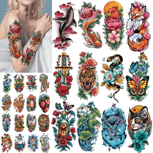 Miniatura 10 de 77 hojas de tatuajes temporales para hombres y mujeres, 17 hojas de tatuajes falsos de medio brazo, pecho y hombro, 60 hojas de tatuajes negros