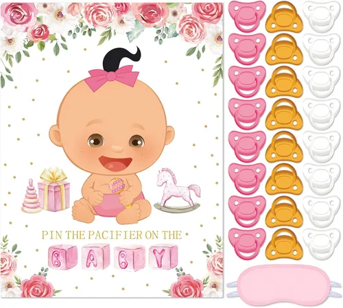 Miniatura 23 de Faccito Pin The Chupete - Juego de baby shower, decoración de fiesta de baby shower, incluye póster grande, 24 calcomanías para chupete, juego