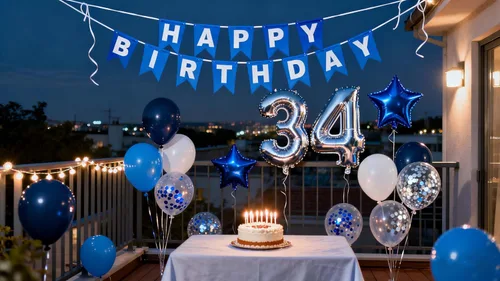 Miniatura 2 de Decoración de fiesta de cumpleaños de 34 años, color azul y plateado para hombres, pancarta de feliz cumpleaños número 34, globos de papel de 34th