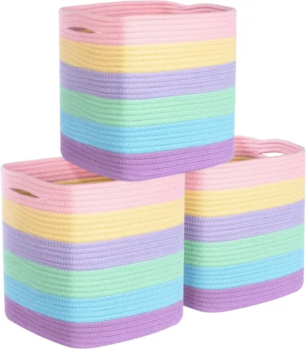 Miniatura 15 de MINTWOOD Design Paquete de 3 cubetas de almacenamiento de 11x11 pulgadas, organizador tejido, lindas cubetas cuadradas para clóset, canastas Negro