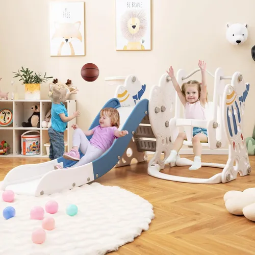Costzon - Juego de tobogán y columpio 4 en 1 para niños, para interiores y exteriores, con balancín, tobogán, escalador, aro de baloncesto y pelota,