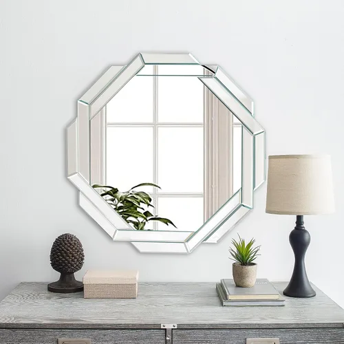 Miniatura 9 de Espejo de baño dorado de 20 x 20 pulgadas, espejo de pared helicoide decorativo, con borde biselado hexagonal sin marco para pared, baño, tocador