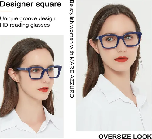 Miniatura 2 de MARE AZZURO Anteojos de lectura cuadrados para mujer, de moda, grandes lectores 1.00 1.50 2.00 2.50 3.00 3.50 (azul, 100)