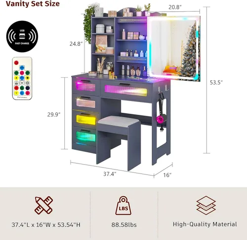 Miniatura 5 de Escritorio de tocador con espejo y luces, escritorio de maquillaje LED RGB con estación de carga, juego de tocador con taburetes y espejo táctil