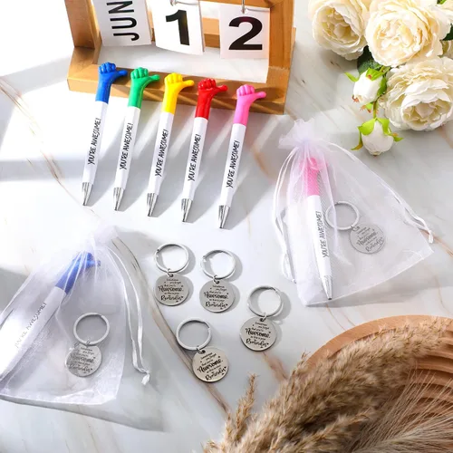 Miniatura 5 de Fumete 45 piezas de regalos de agradecimiento a granel, bolígrafos inspiradores y llaveros con bolsas de organza, impresionante reconocimiento