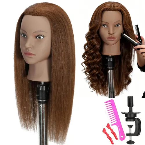 Miniatura 9 de 16 pulgadas 100% pelo real maniquí cabeza de entrenamiento cabeza cosmetología maniquí cabeza para peluquería práctica trenzado peinado con soporte