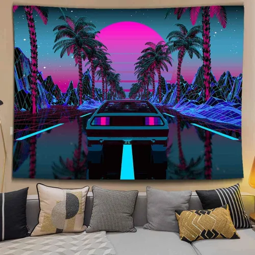 Miniatura 7 de Ine Ive Tapiz de coche de los años 80, escena urbana de la calle, palmeras, puesta de sol, cielo estrellado, tapiz de pared punk, 40 x 30 pulgadas
