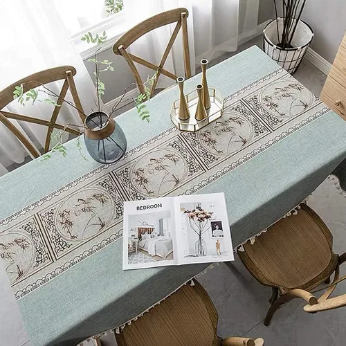 Miniatura 4 de Pahajim Mantel de lino rústico rectangular con borlas a rayas de algodón para mesa de cocina y comedor, cuadrada, 55 x 55 pulgadas, 4 asientos Azul