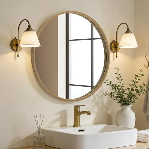 Miniatura 2 de Espejo redondo de madera WallBeyond de 24 pulgadas, espejo circular de pared para baño, espejo redondo de pared para decoración, tocador, entrada