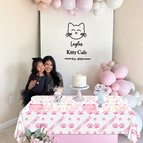 Miniatura 5 de 81 piezas de decoraciones de fiesta de cumpleaños de gatos, incluyendo platos de gato rosa y blanco, servilletas para mascotas y mantel MEOW