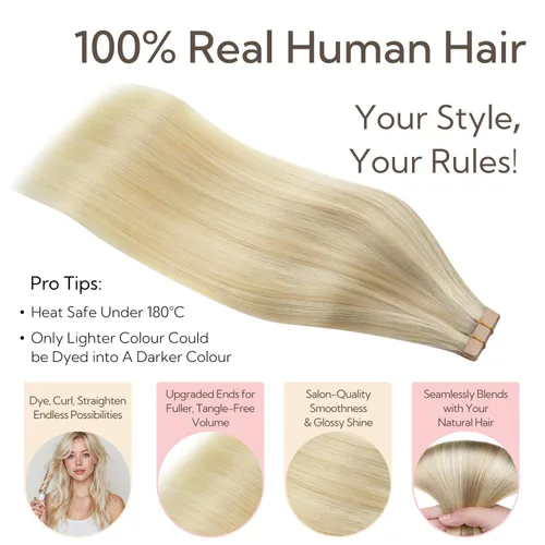 Miniatura 3 de HOTBANANA Extensiones de cabello con cinta, 10 pulgadas, 10 unidades, 0.71 onzas de rubio ceniza degradado a rubio dorado y rubio platino