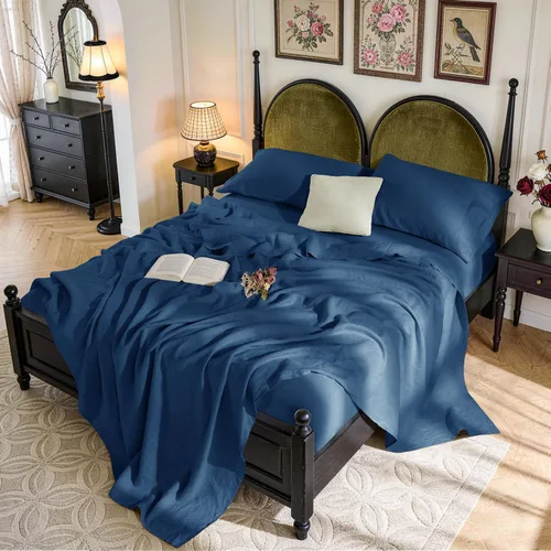 Miniatura 19 de SONORO KATE Sábanas de cama de lino francés 100% puro, tamaño Queen, sábanas de cama de lino transpirables y duraderas, antidesgarro, lavables a