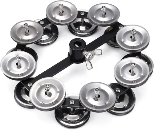 Facmogu Pandereta de Platillos Hi-Hat Montable Negra de 5.5 Pulgadas con Cascabeles de Acero Inoxidable de Doble Fila, Juego de Platillos Hi-Hat