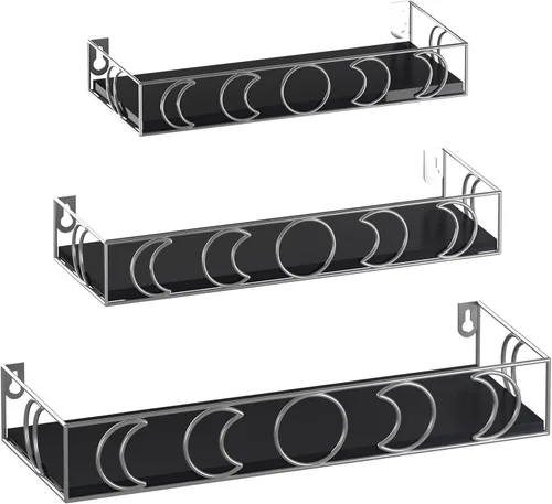 Estantes de pared de fase lunar negro y plateado, paquete de 3 estantes flotantes pequeños para plantas de libros para dormitorio, habitación de