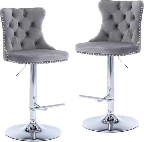 Miniatura 11 de LKTART Juego de 2 taburetes de bar giratorios con altura de asiento ajustable, taburetes de bar tapizados de terciopelo con base cromada