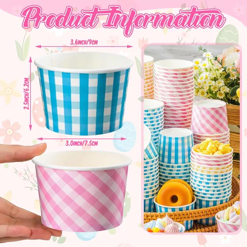 Miniatura 4 de Gerrii 60 vasos de papel desechables de 9 onzas, tazas de helado a granel, suministros de fiesta de cuadros de búfalo, taza de papel