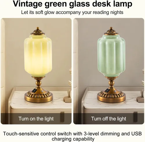 Miniatura 2 de Lámpara de mesa táctil de vidrio de leche, cristal de jadeíta verde de mediados de siglo, moderna lámpara de mesita de noche, 3 puertos USB C + A